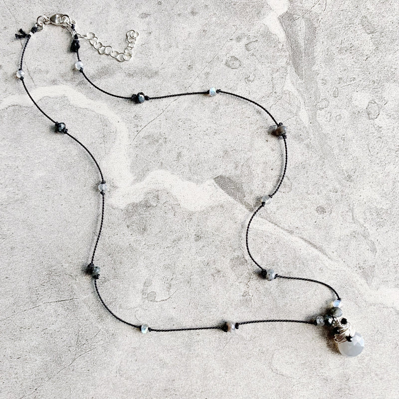silk knotted gemstone necklace grey moonstone labradorite
