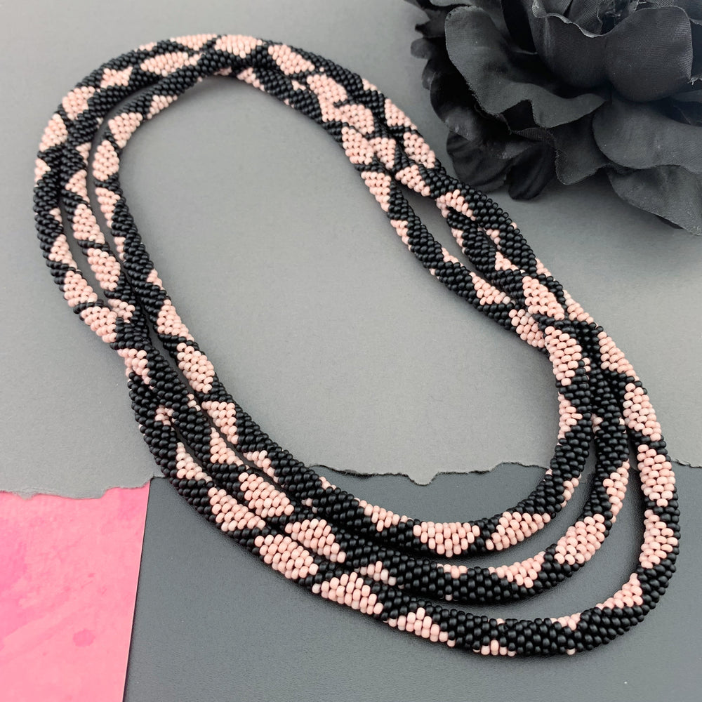65" Diamond Pattern Beaded Crochet Rope Necklace - Dusty Rose Pink