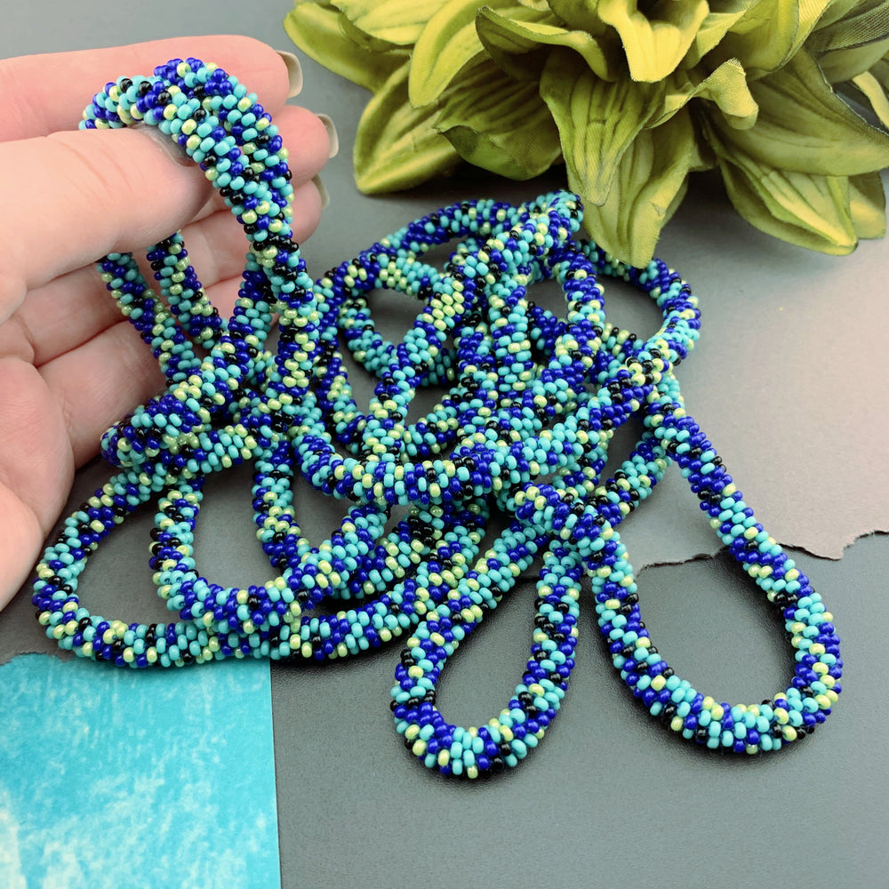 75" Abstract Pattern Beaded Crochet Rope Necklace - Dark Blue/Lime