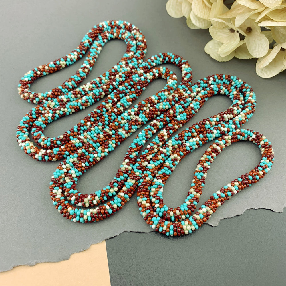 75" Abstract Pattern Beaded Crochet Rope Necklace - Turquoise/Neutrals