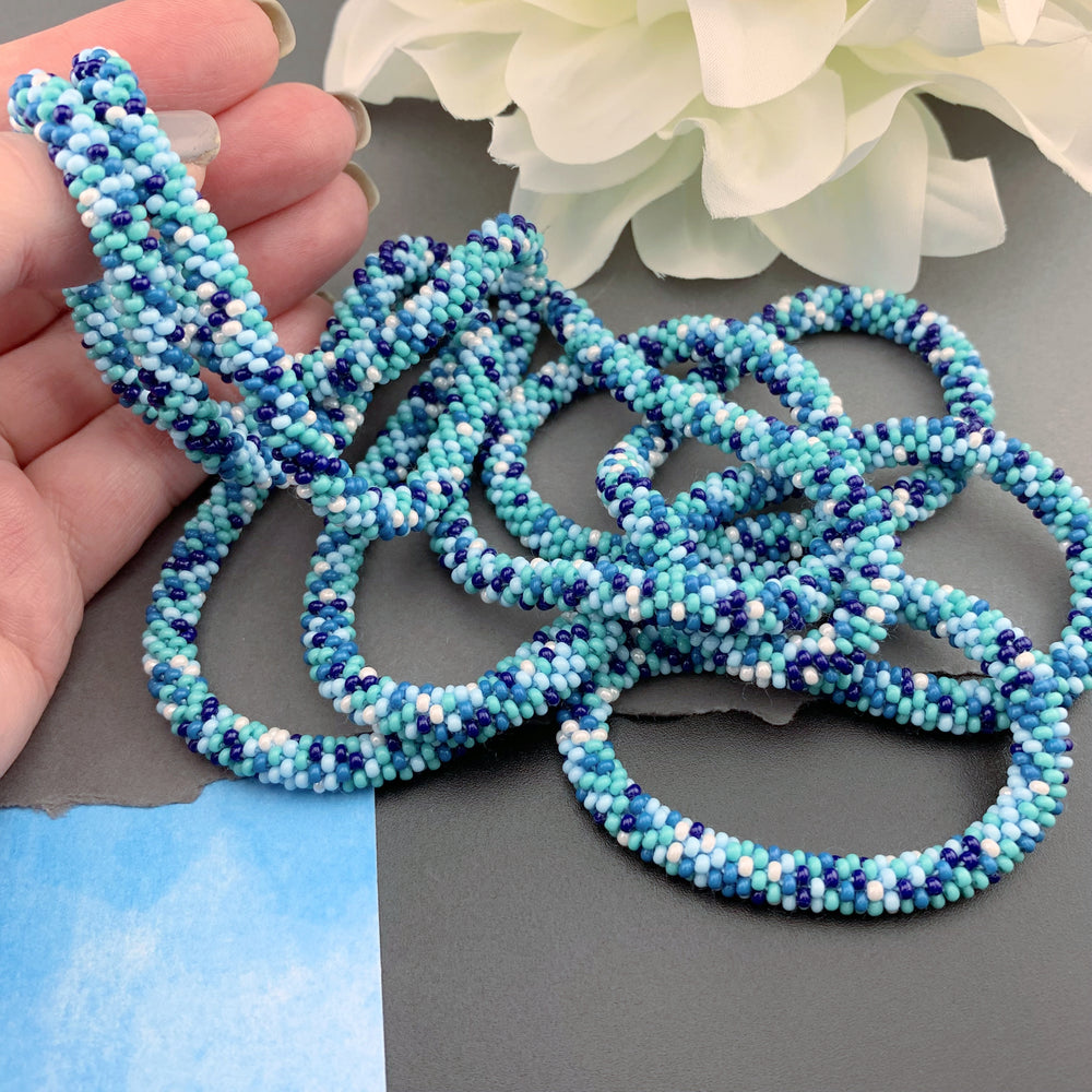 75" Abstract Pattern Beaded Crochet Rope Necklace - Turquoise/Blue