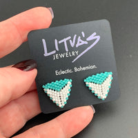 Peyote Stitch Triangle Stud Earrings - Dual Color White