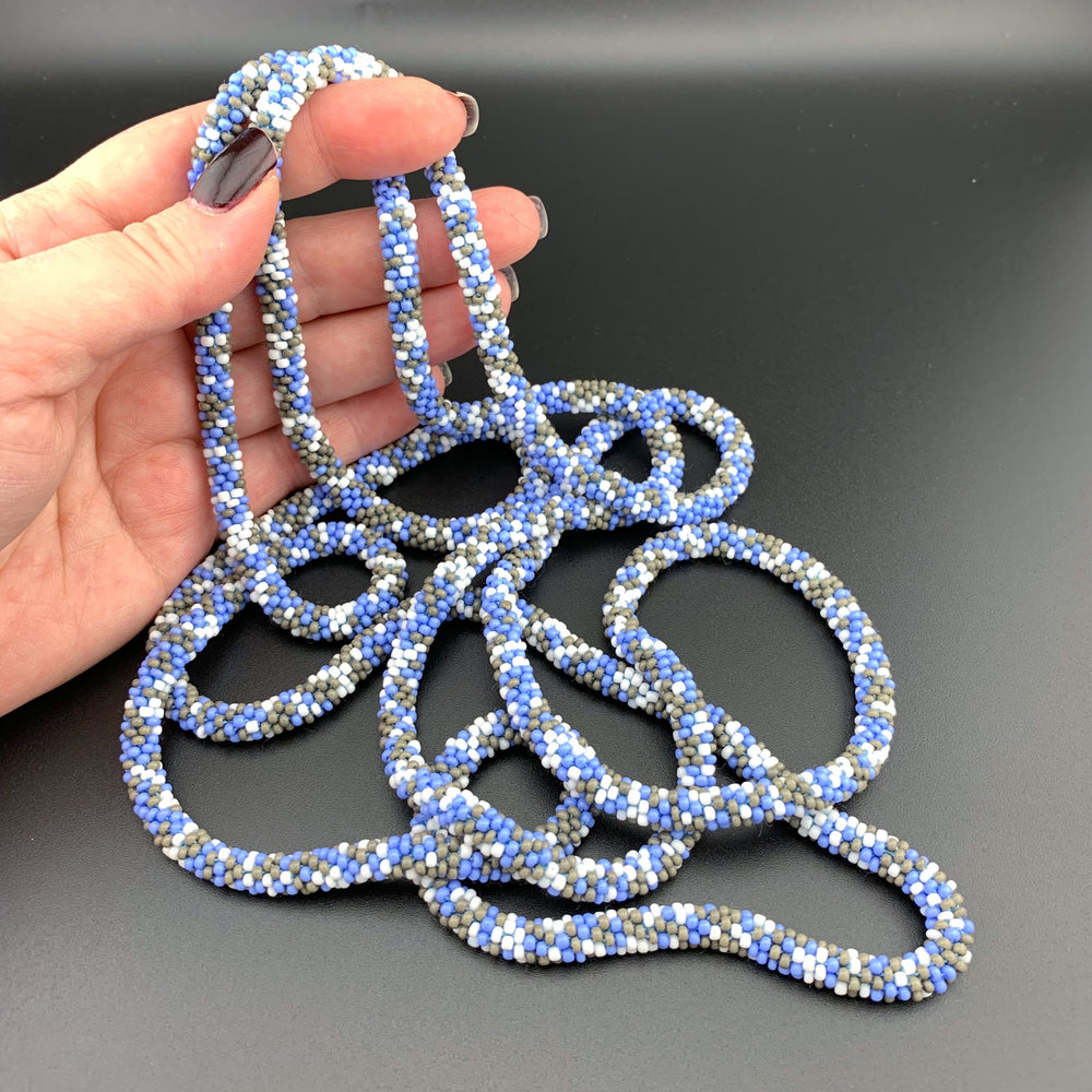 75" Abstract Pattern Beaded Crochet Rope Necklaces - Blues