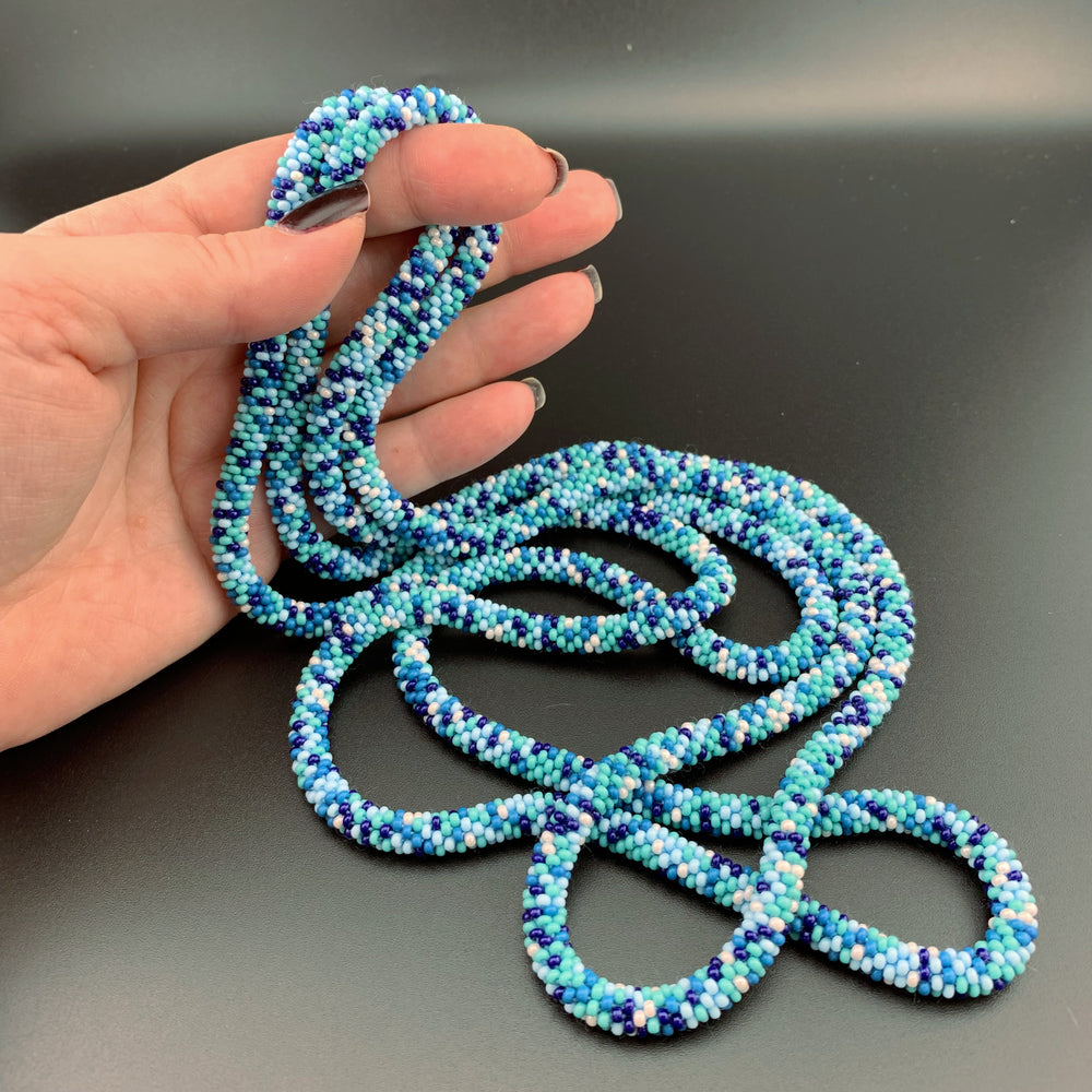 75" Abstract Pattern Beaded Crochet Rope Necklaces - Blues