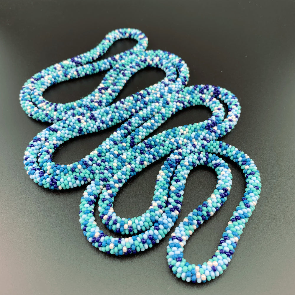 75" Abstract Pattern Beaded Crochet Rope Necklaces - Blues