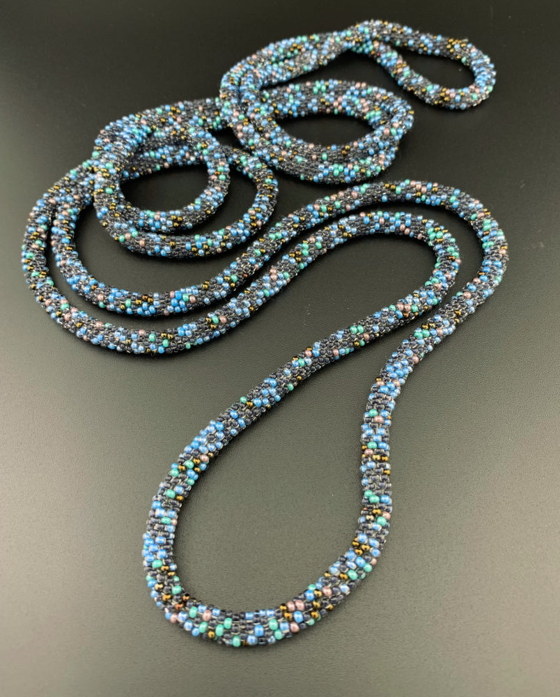 75" Abstract Pattern Beaded Crochet Rope Necklaces - Blues