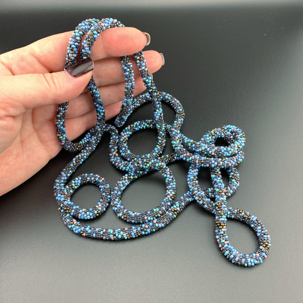 75" Abstract Pattern Beaded Crochet Rope Necklaces - Blues