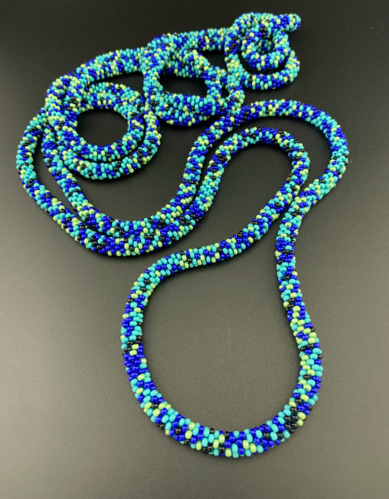 75" Abstract Pattern Beaded Crochet Rope Necklaces - Blue and Turquoise