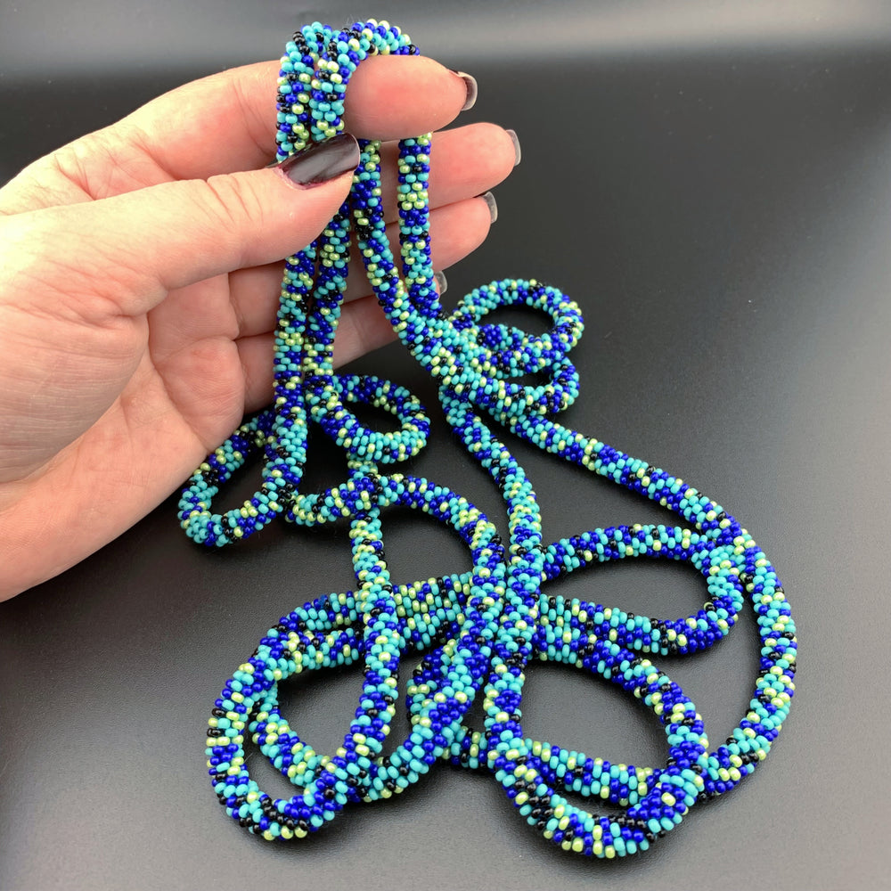 75" Abstract Pattern Beaded Crochet Rope Necklaces - Blue and Turquoise