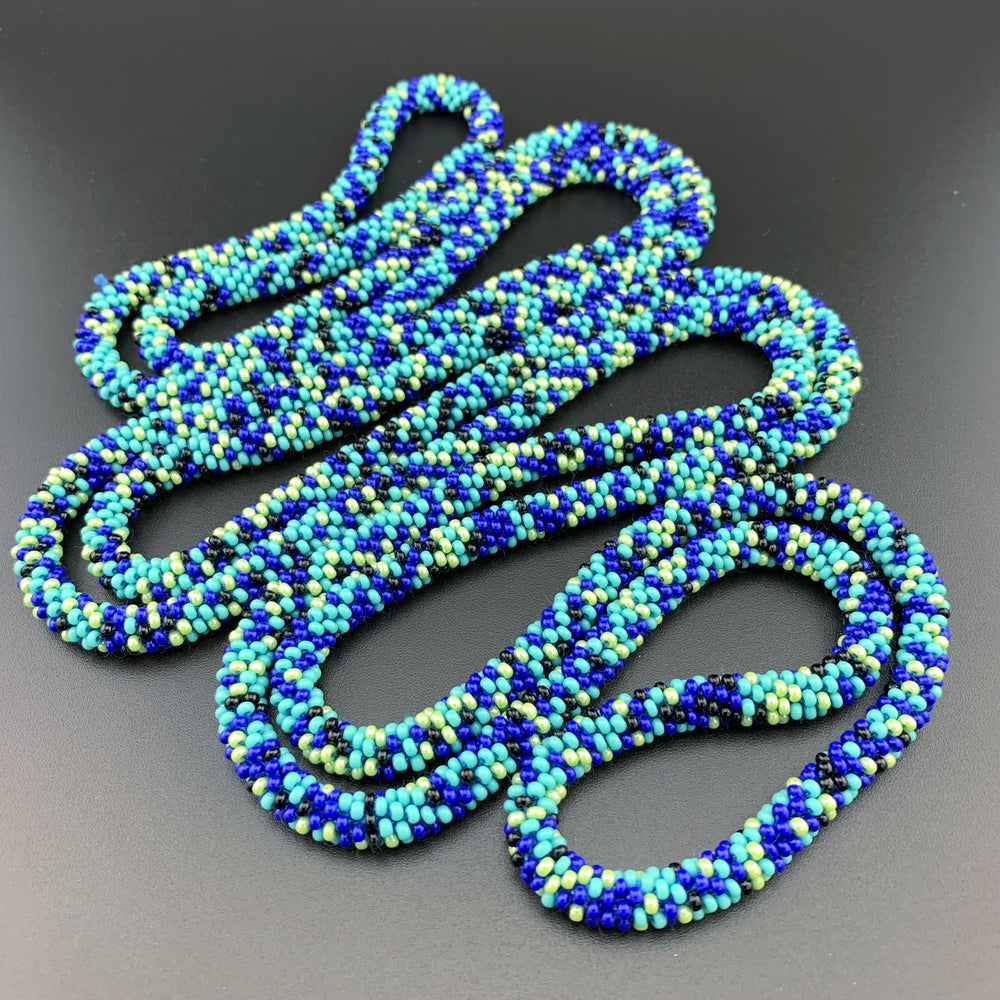 75" Abstract Pattern Beaded Crochet Rope Necklaces - Blue and Turquoise