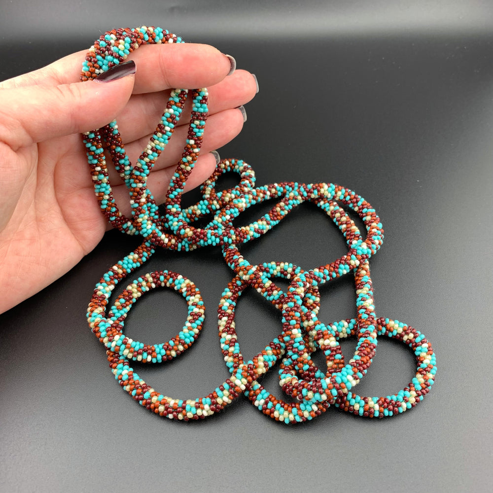 75" Abstract Pattern Beaded Crochet Rope Necklaces - Blue and Turquoise