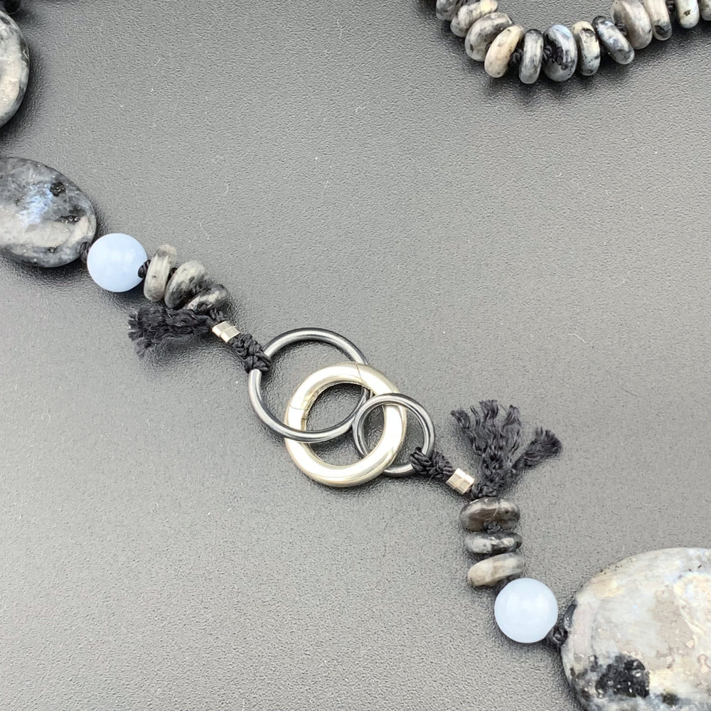 One Of A Kind Silk Knotted Black Labradorite and Angelite Gemstone Candy Necklace