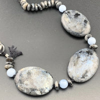 One Of A Kind Silk Knotted Black Labradorite and Angelite Gemstone Candy Necklace