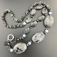 One Of A Kind Silk Knotted Black Labradorite and Angelite Gemstone Candy Necklace