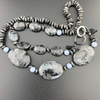 One Of A Kind Silk Knotted Black Labradorite and Angelite Gemstone Candy Necklace