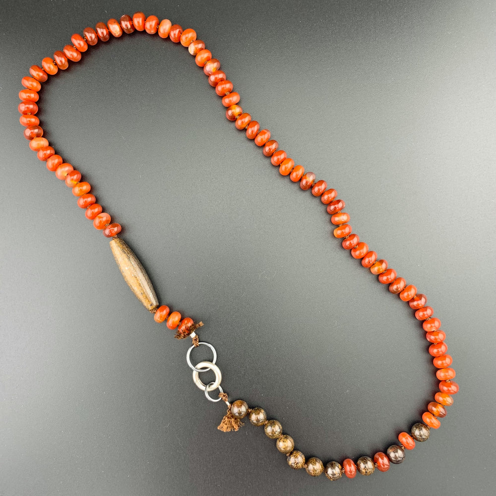 One Of A Kind Silk Knotted Carnelian and Bronzite Gemstone Candy Necklace