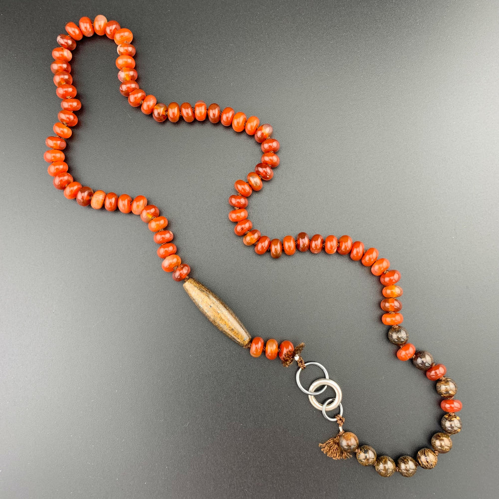 One Of A Kind Silk Knotted Carnelian and Bronzite Gemstone Candy Necklace