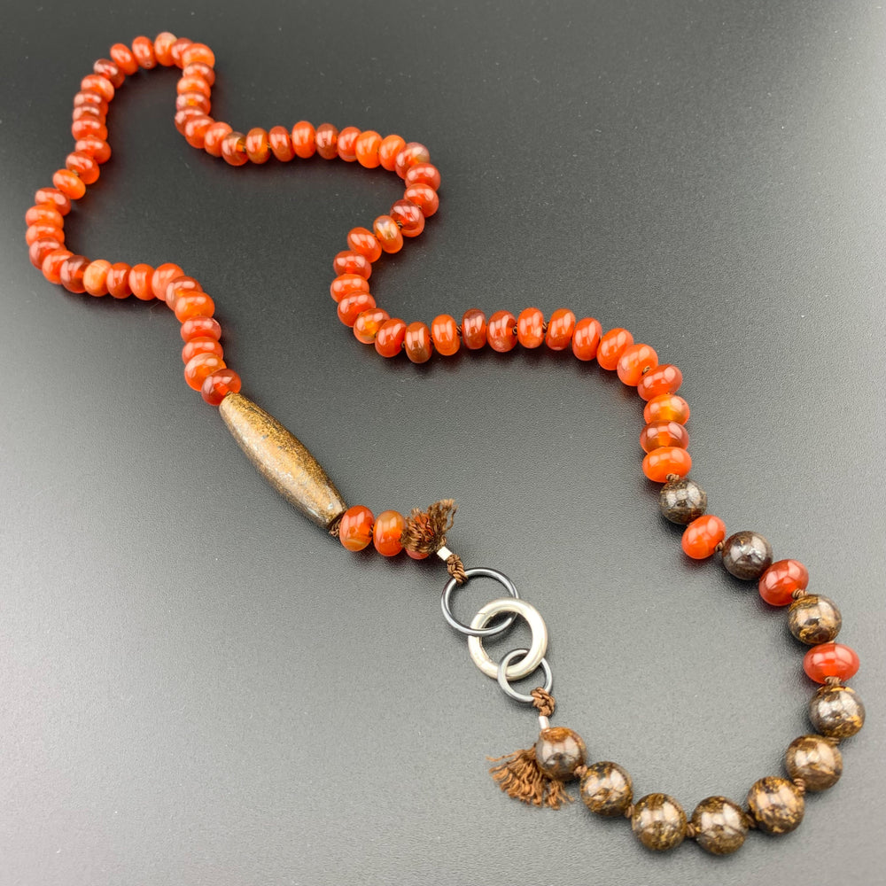 One Of A Kind Silk Knotted Carnelian and Bronzite Gemstone Candy Necklace