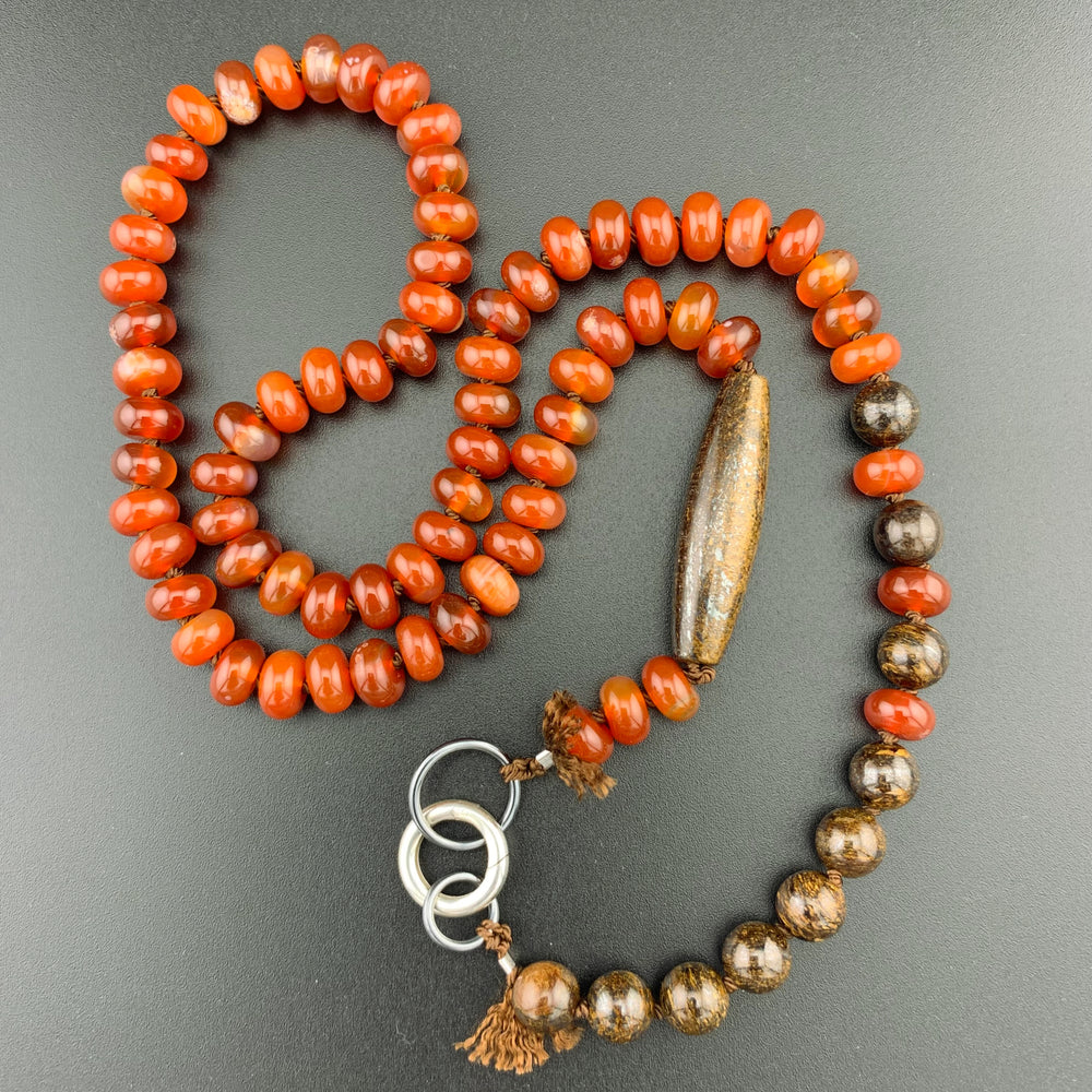 One Of A Kind Silk Knotted Carnelian and Bronzite Gemstone Candy Necklace