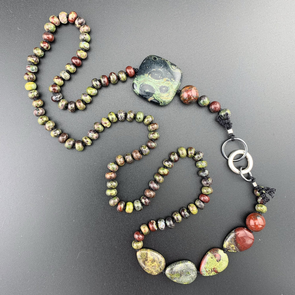 One Of A Kind Silk Knotted Dragon's Blood and Kambaba Jasper Gemstone Candy Necklace