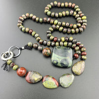 One Of A Kind Silk Knotted Dragon's Blood and Kambaba Jasper Gemstone Candy Necklace