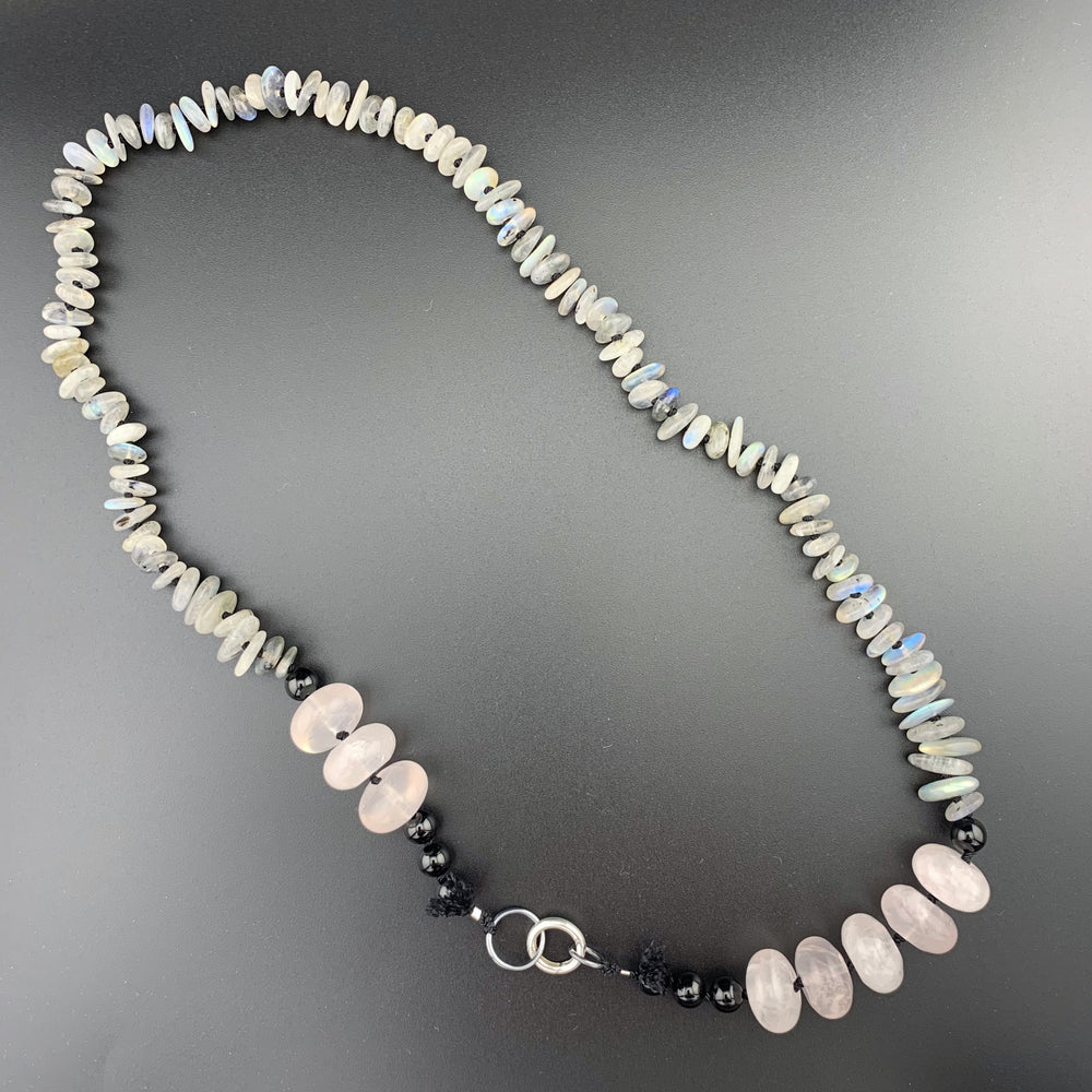 One Of A Kind Silk Knotted Labradorite, Rose Quartz and Black Tourmaline Gemstone Candy Necklace