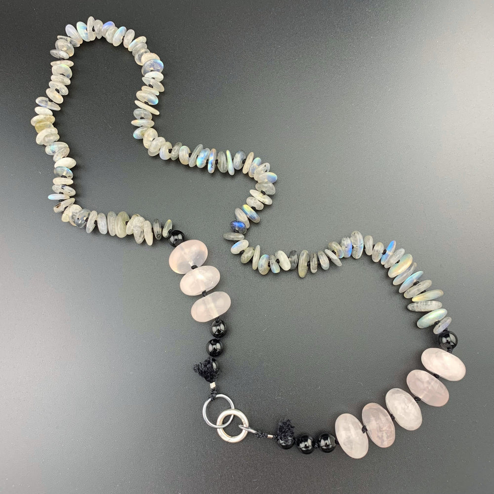 One Of A Kind Silk Knotted Labradorite, Rose Quartz and Black Tourmaline Gemstone Candy Necklace