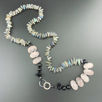 One Of A Kind Silk Knotted Labradorite, Rose Quartz and Black Tourmaline Gemstone Candy Necklace