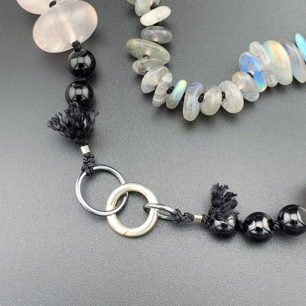 One Of A Kind Silk Knotted Labradorite, Rose Quartz and Black Tourmaline Gemstone Candy Necklace