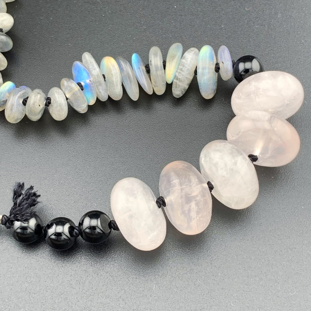 One Of A Kind Silk Knotted Labradorite, Rose Quartz and Black Tourmaline Gemstone Candy Necklace