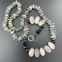 One Of A Kind Silk Knotted Labradorite, Rose Quartz and Black Tourmaline Gemstone Candy Necklace