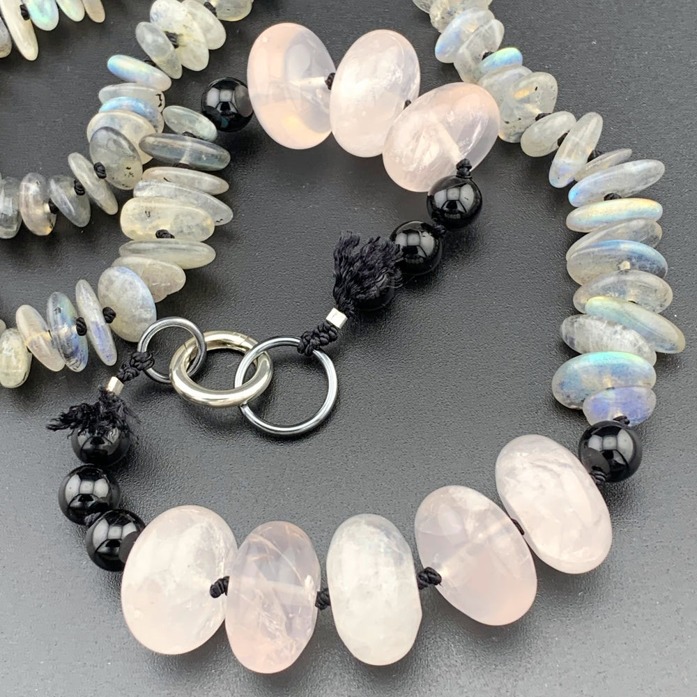 One Of A Kind Silk Knotted Labradorite, Rose Quartz and Black Tourmaline Gemstone Candy Necklace