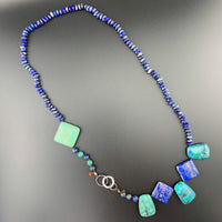 One Of A Kind Silk Knotted Lapis Lazuli, Chrysocolla and Turquoise Gemstone Candy Necklace