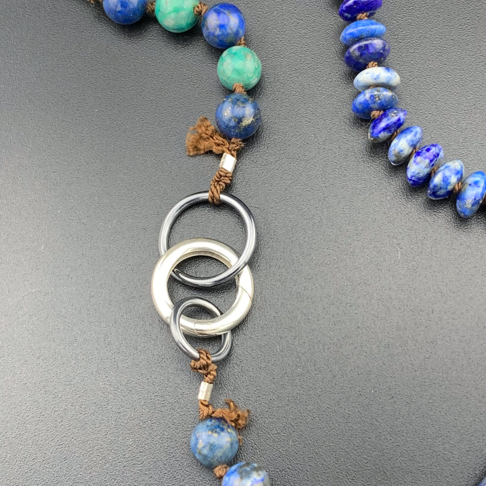 One Of A Kind Silk Knotted Lapis Lazuli, Chrysocolla and Turquoise Gemstone Candy Necklace