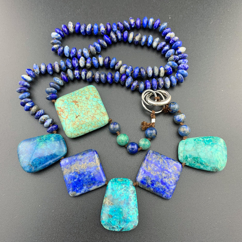 One Of A Kind Silk Knotted Lapis Lazuli, Chrysocolla and Turquoise Gemstone Candy Necklace