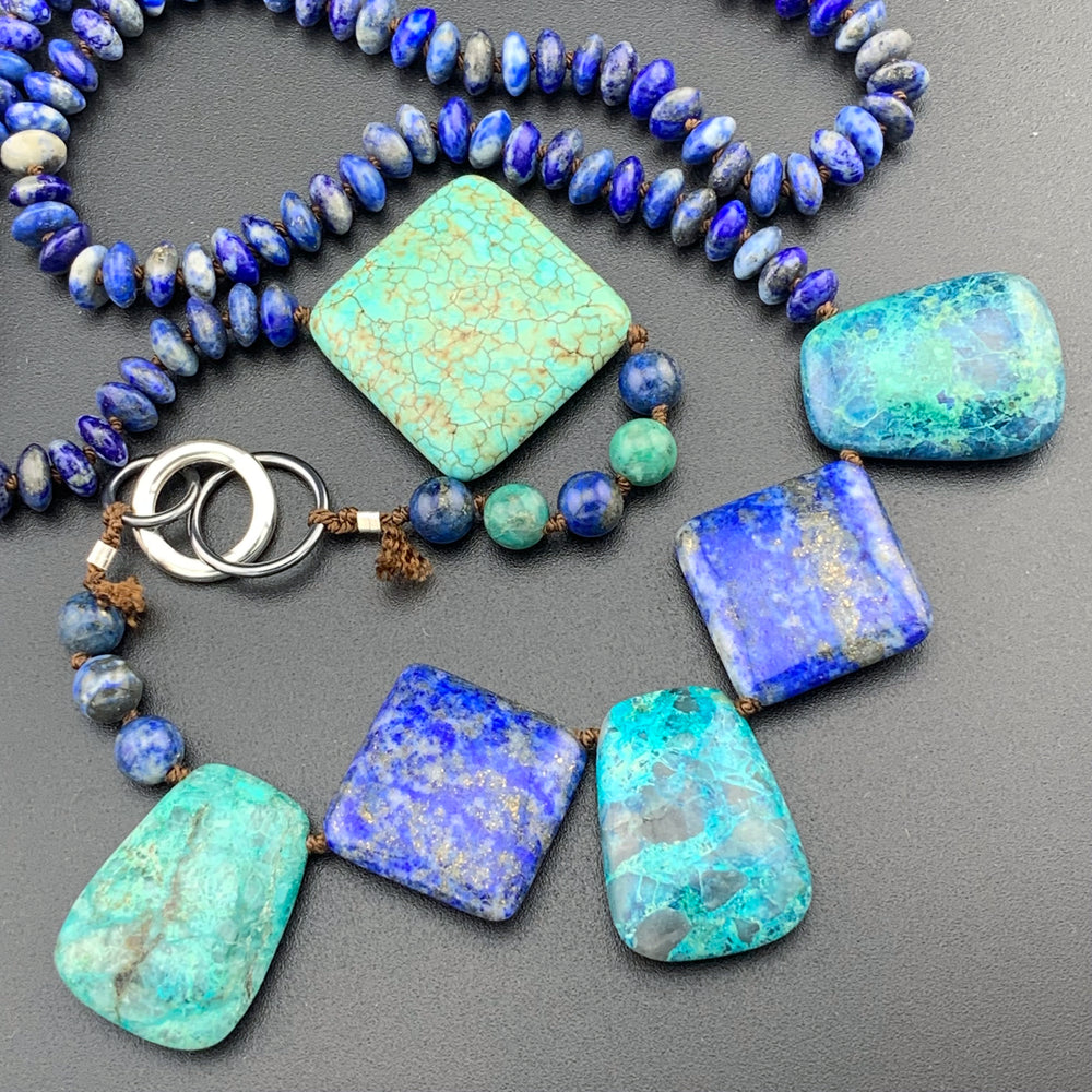 One Of A Kind Silk Knotted Lapis Lazuli, Chrysocolla and Turquoise Gemstone Candy Necklace