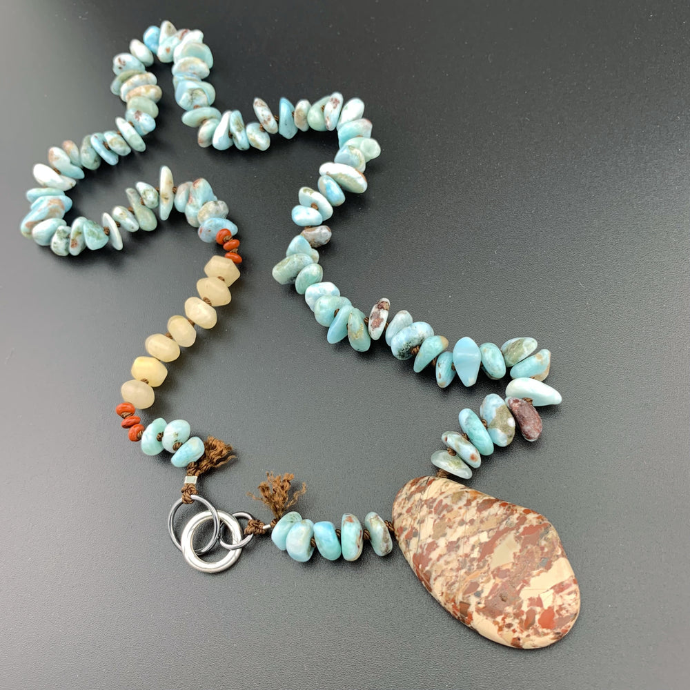 One Of A Kind Silk Knotted Larimar, Jasper and Aventurine Gemstone Candy Necklace