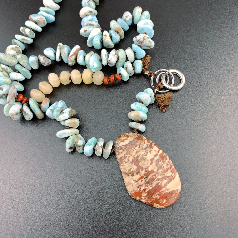 One Of A Kind Silk Knotted Larimar, Jasper and Aventurine Gemstone Candy Necklace