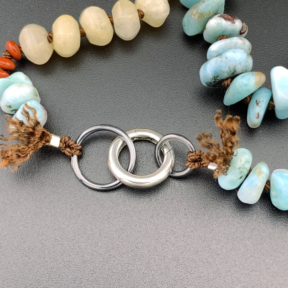 One Of A Kind Silk Knotted Larimar, Jasper and Aventurine Gemstone Candy Necklace