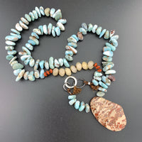 One Of A Kind Silk Knotted Larimar, Jasper and Aventurine Gemstone Candy Necklace