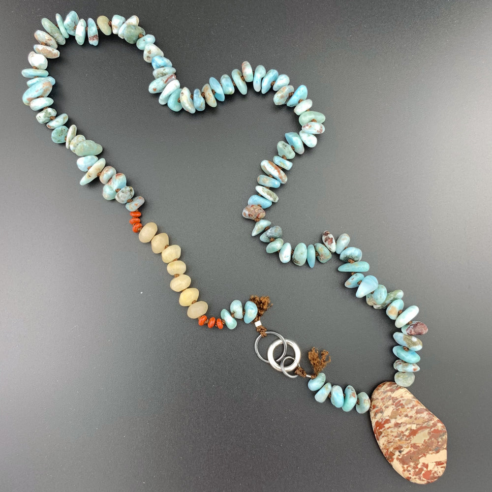 One Of A Kind Silk Knotted Larimar, Jasper and Aventurine Gemstone Candy Necklace