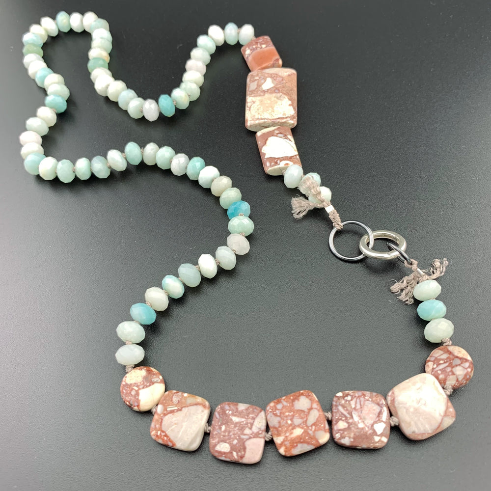 One Of A Kind Silk Knotted Amazonite and Jasper Gemstone Candy Necklace