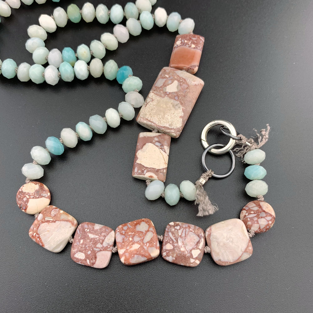 One Of A Kind Silk Knotted Amazonite and Jasper Gemstone Candy Necklace