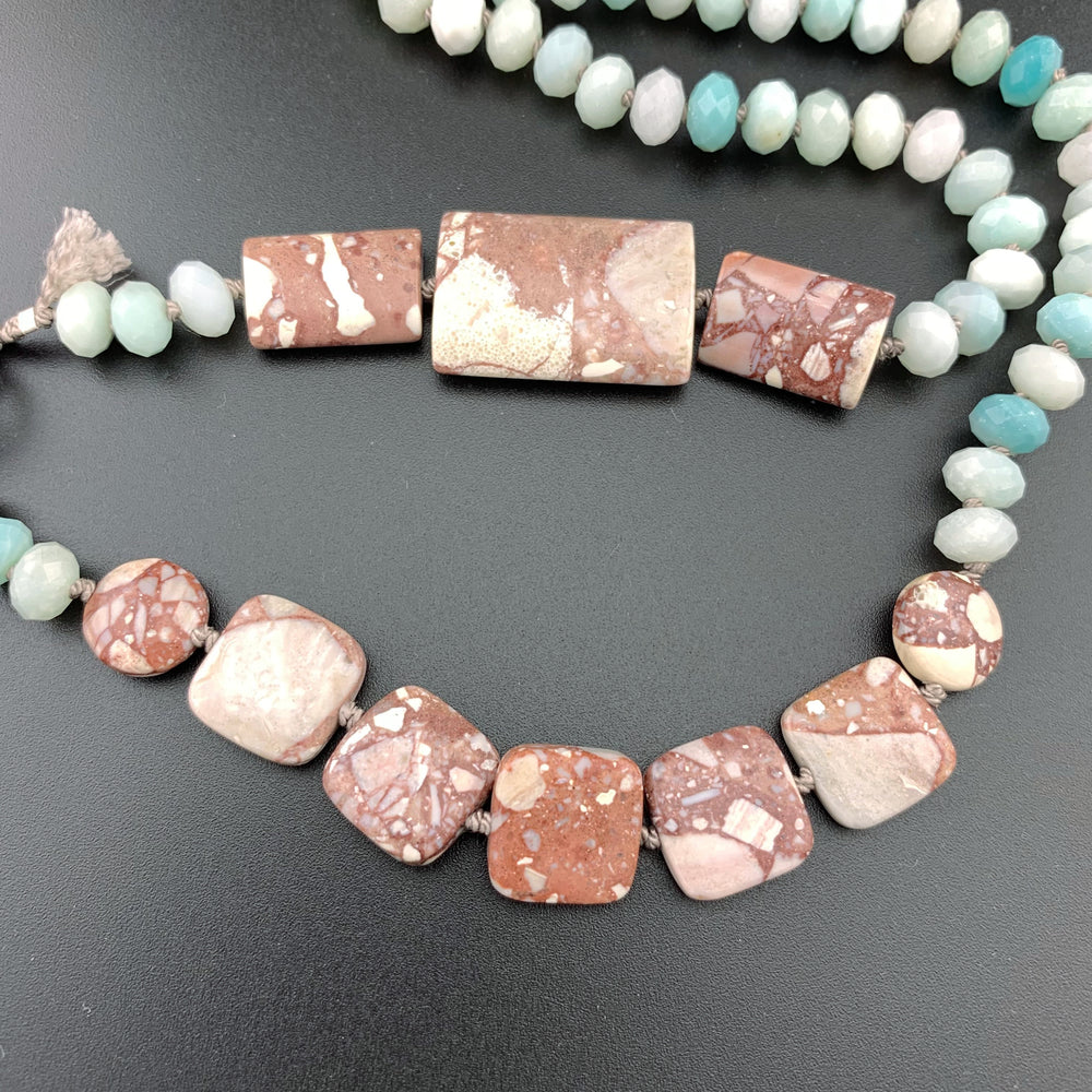 One Of A Kind Silk Knotted Amazonite and Jasper Gemstone Candy Necklace