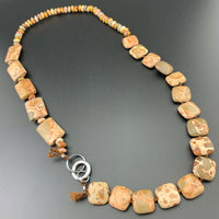 One Of A Kind Silk Knotted Rhyolite and Agate Gemstone Candy Necklace