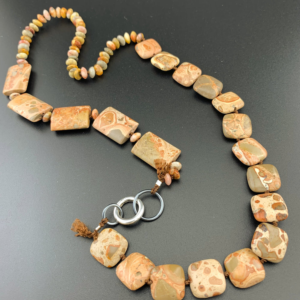 One Of A Kind Silk Knotted Rhyolite and Agate Gemstone Candy Necklace