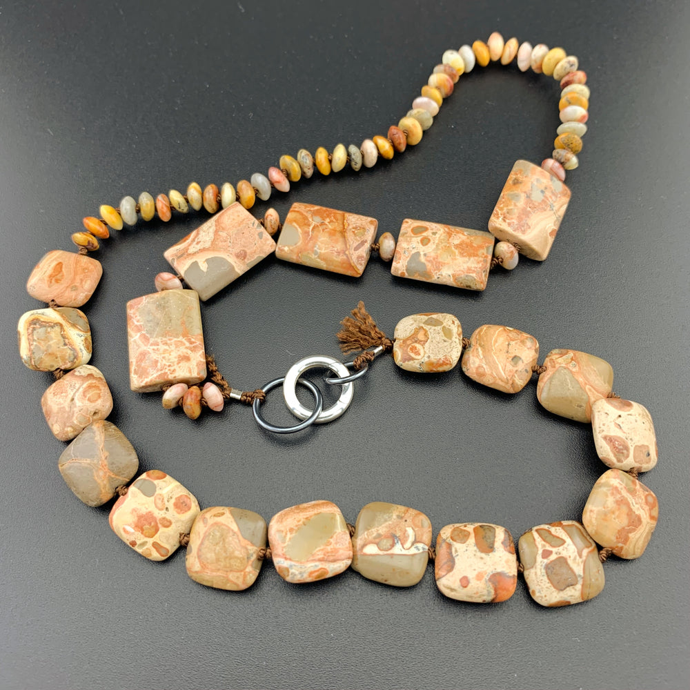 One Of A Kind Silk Knotted Rhyolite and Agate Gemstone Candy Necklace