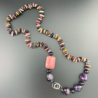 One Of A Kind Silk Knotted Tourmaline, Amethyst, Smokey Quartz and Rhodonite Gemstone Candy Necklace