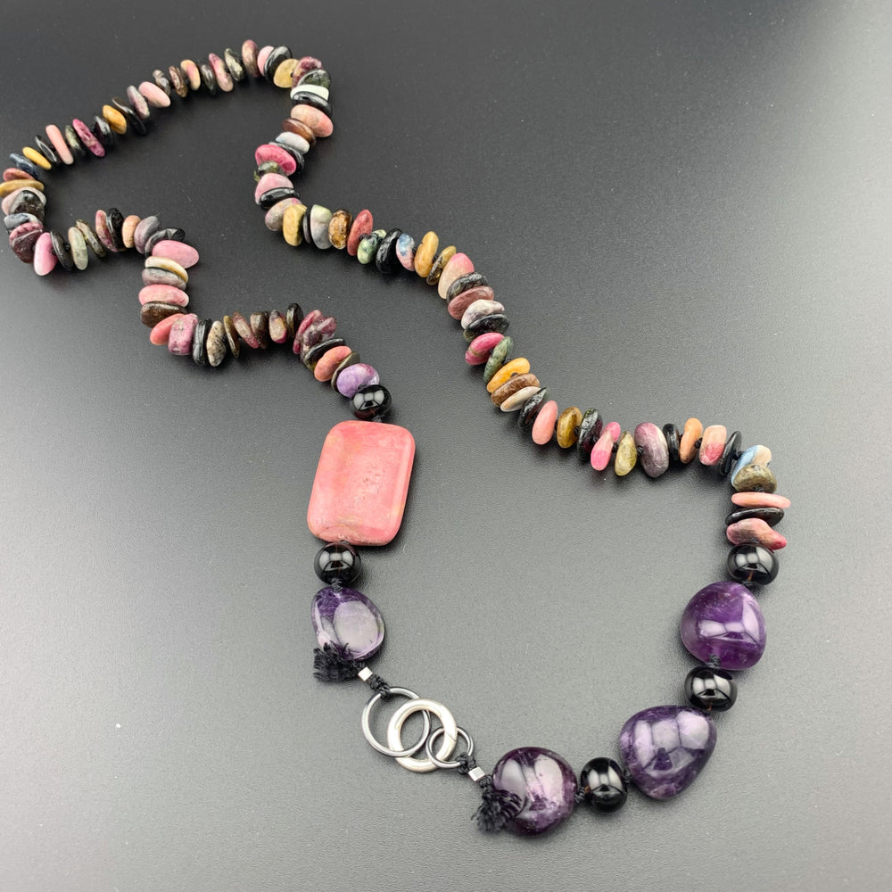 One Of A Kind Silk Knotted Tourmaline, Amethyst, Smokey Quartz and Rhodonite Gemstone Candy Necklace