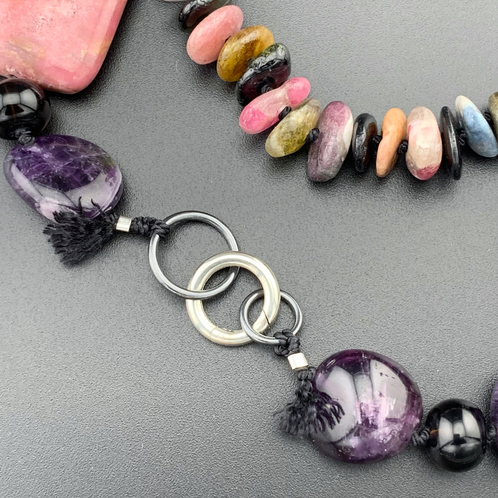 One Of A Kind Silk Knotted Tourmaline, Amethyst, Smokey Quartz and Rhodonite Gemstone Candy Necklace